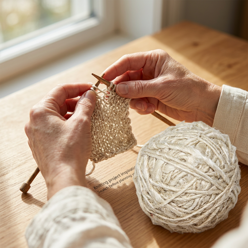 Lifestyle knitting sample inspiration using off white textured recycled sari silk yarn.