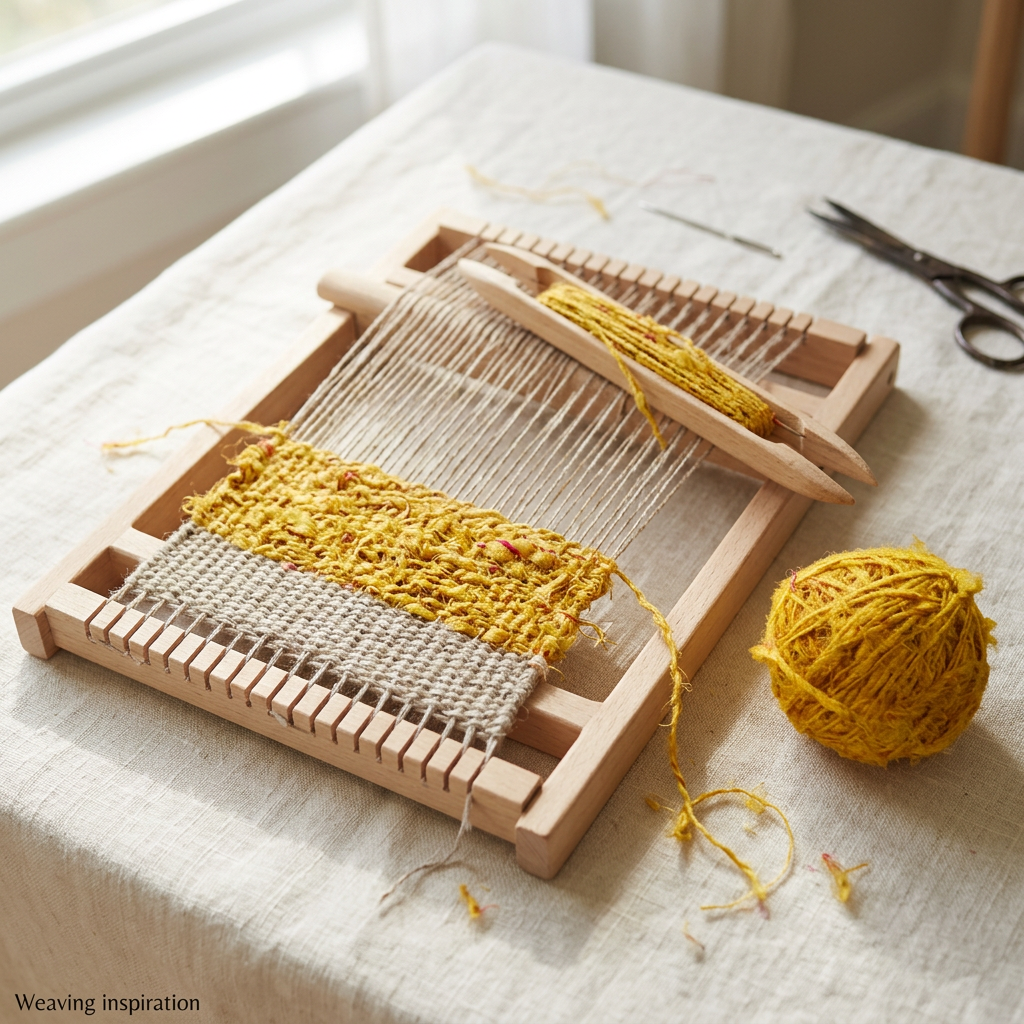 Weaving inspiration with textured Yellow recycled sari silk yarn on a small frame loom.