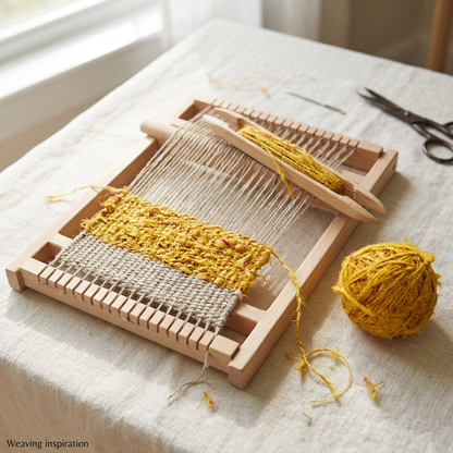 Weaving inspiration with textured Yellow recycled sari silk yarn on a small frame loom.