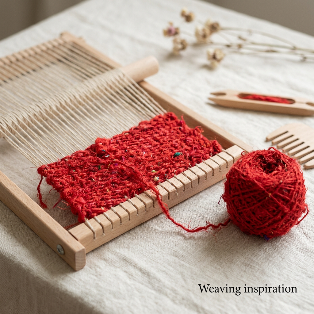 Weaving inspiration with bright Red textured recycled sari silk yarn on a small frame loom.