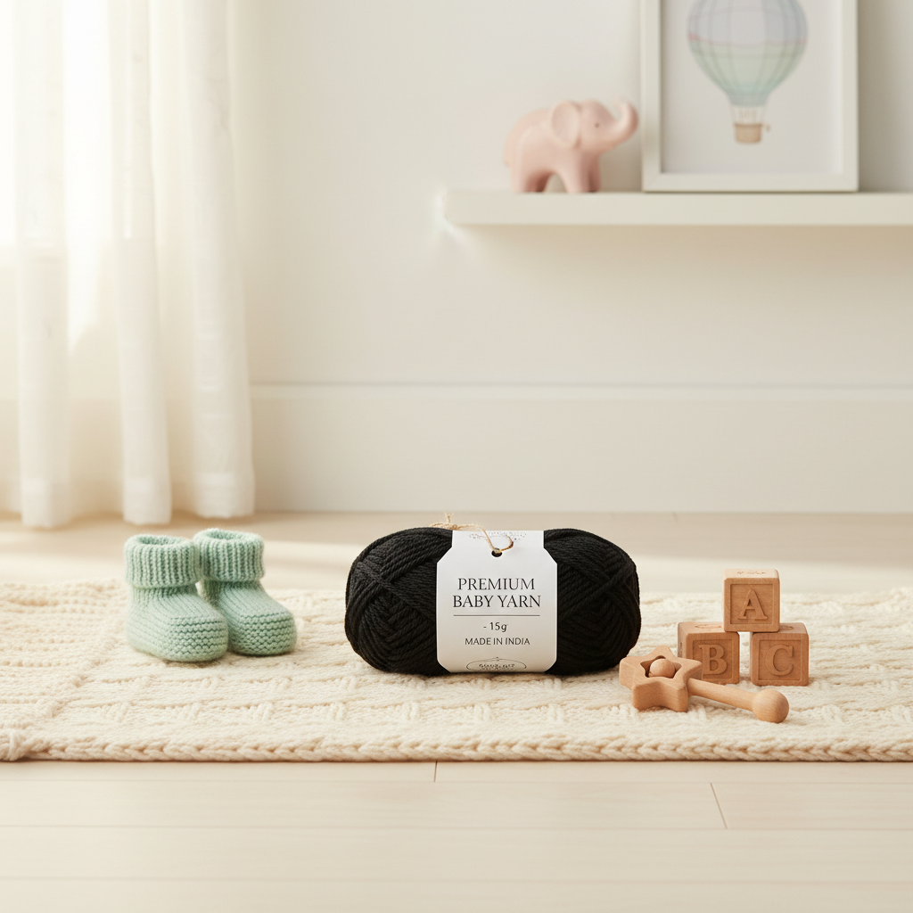 HUF BabyPlush Black yarn lifestyle – nursery styled flat lay with baby knitting props