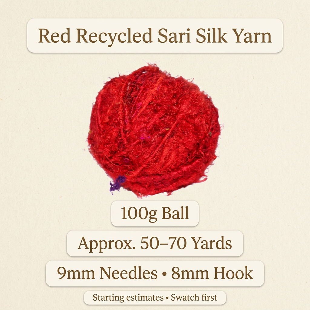 Red recycled sari silk yarn specifications: 100g ball, approximately 50–70 yards, 9mm needles and 8mm hook starting estimates.