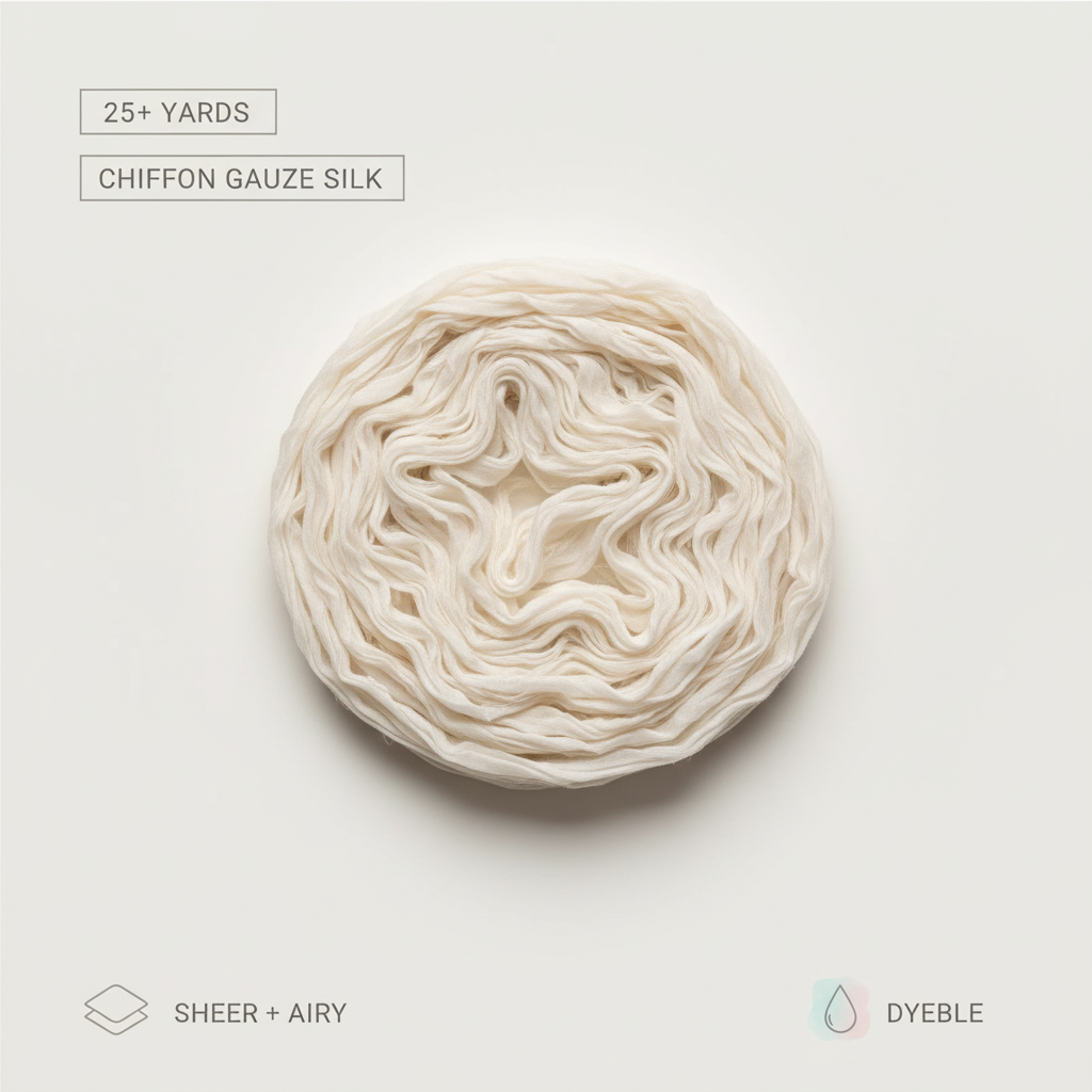 Infographic showing 25 plus yards, chiffon gauze silk, sheer airy texture, and dyeable finish
