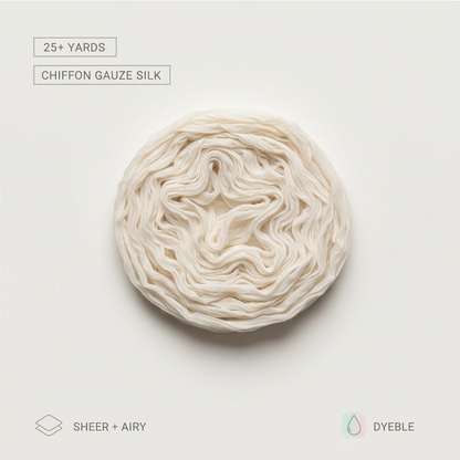 Infographic showing 25 plus yards, chiffon gauze silk, sheer airy texture, and dyeable finish