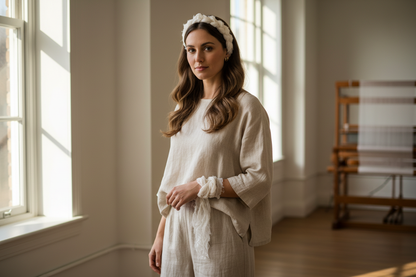 Adult woman wearing an ivory mulberry chiffon gauze silk ribbon as a soft bracelet and headband in a bright studio