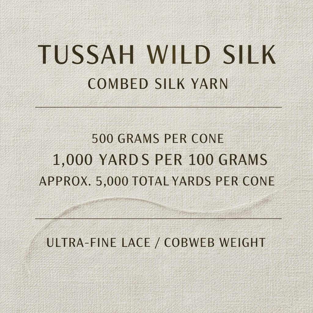 Infographic showing 500 grams per cone, 1000 yards per 100 grams, approximately 5000 total yards per cone, and ultra-fine Lace or Cobweb weight