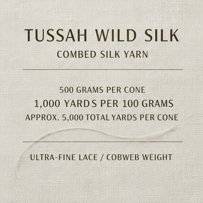 Infographic showing 500 grams per cone, 1000 yards per 100 grams, approximately 5000 total yards per cone, and ultra-fine Lace or Cobweb weight