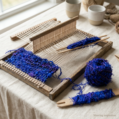 Weaving inspiration with deep royal-blue textured recycled sari silk yarn on a small frame loom.