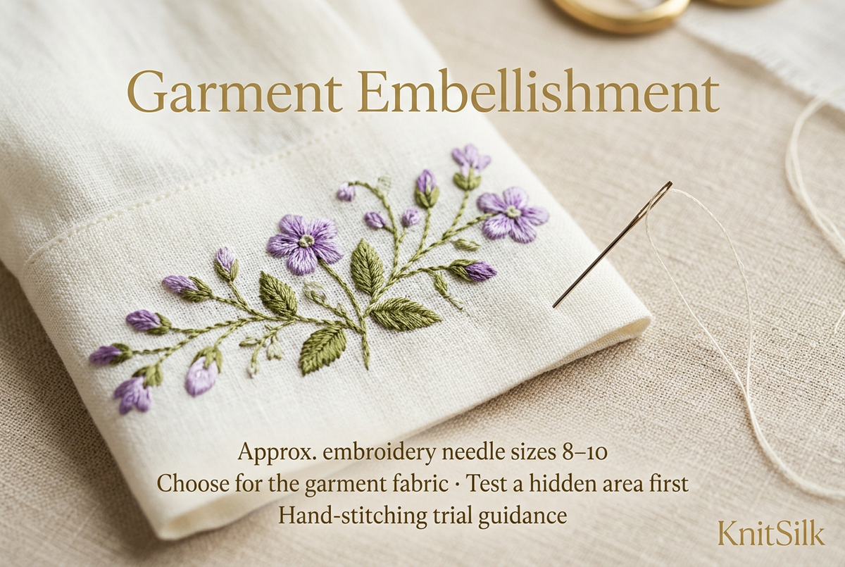 Illustrative hand garment embellishment guide, approximate embroidery needle sizes 8–10