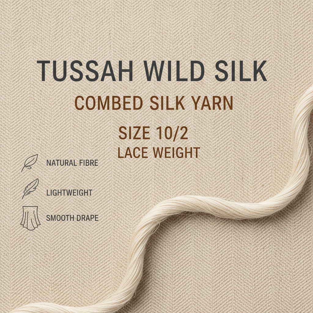Infographic showing Tussah wild silk, combed silk yarn, size 10/2, and Lace weight