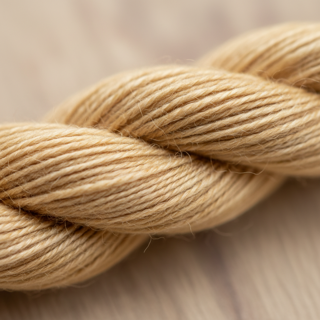 Close-up of the fine two-ply structure and combed texture of Tussah wild silk yarn 10/2