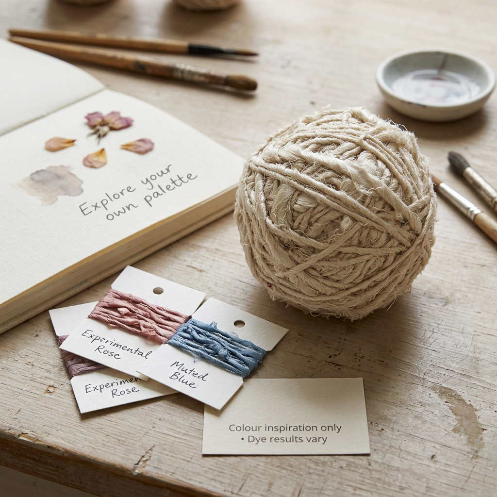 DIY colour palette inspiration with off white yarn and illustrative dyed samples; actual dye results vary.
