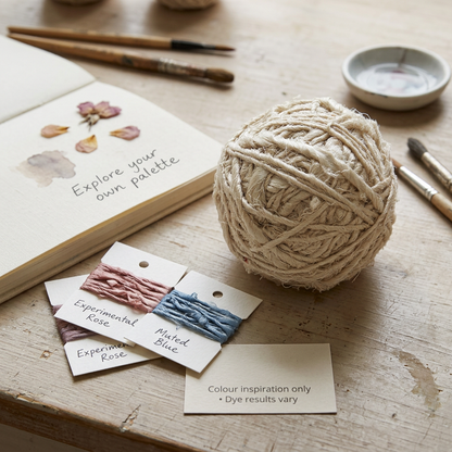 DIY colour palette inspiration with off white yarn and illustrative dyed samples; actual dye results vary.