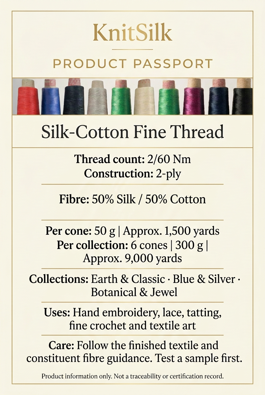 KnitSilk product information passport: 50% silk and 50% cotton, 2/60 Nm, 2-ply, six 50 g cones per 300 g collection