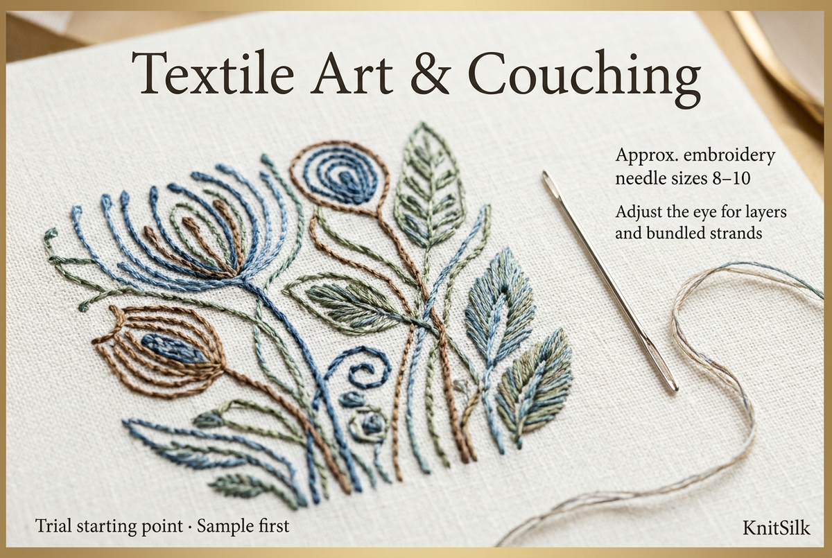 Illustrative textile art and couching guide, approximate embroidery needle sizes 8–10