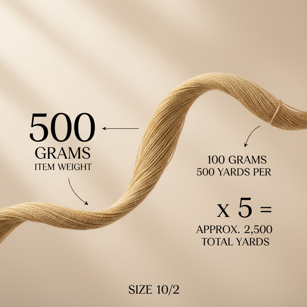 Infographic showing 500 grams item weight, 500 yards per 100 grams, approximately 2500 total yards, and size 10/2