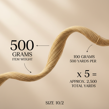 Infographic showing 500 grams item weight, 500 yards per 100 grams, approximately 2500 total yards, and size 10/2