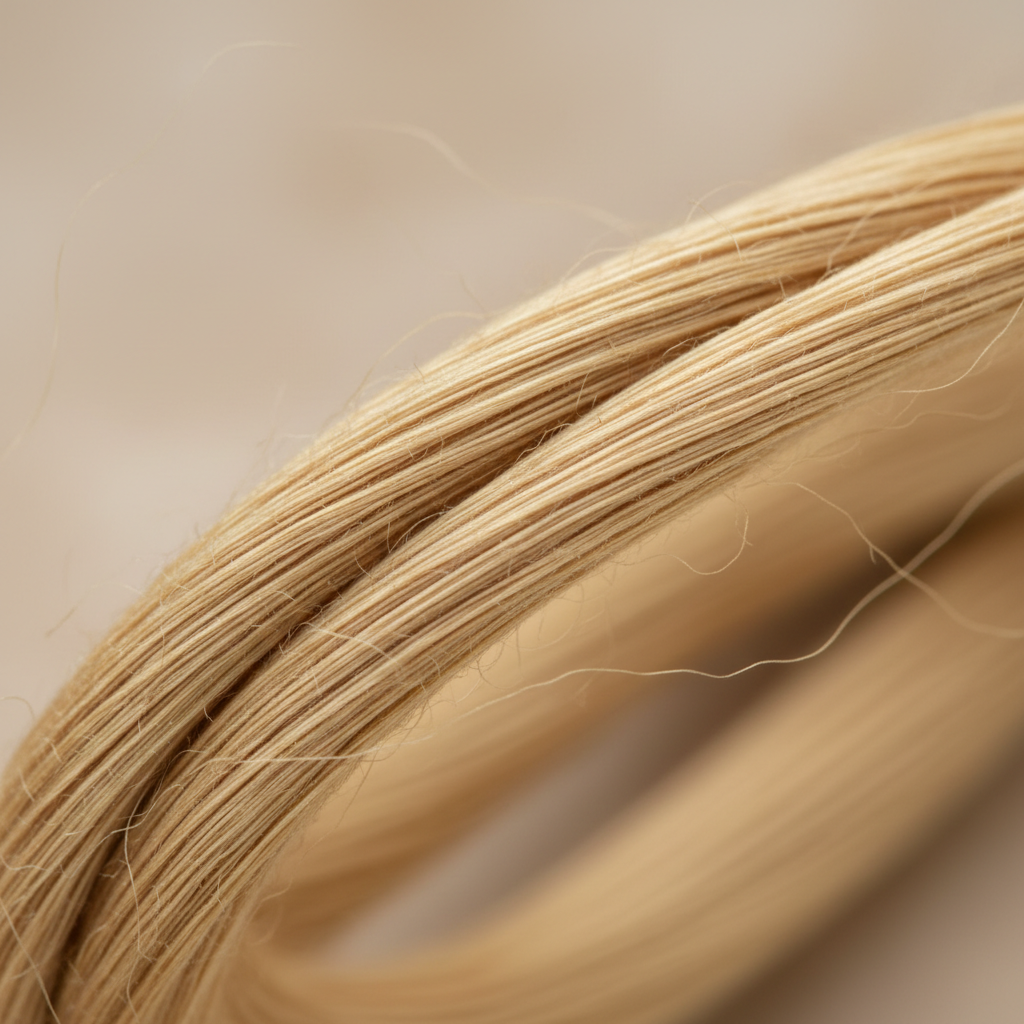 Close-up of the ultra-fine two-ply combed structure and natural texture of Tussah wild silk yarn 20/2 Nm