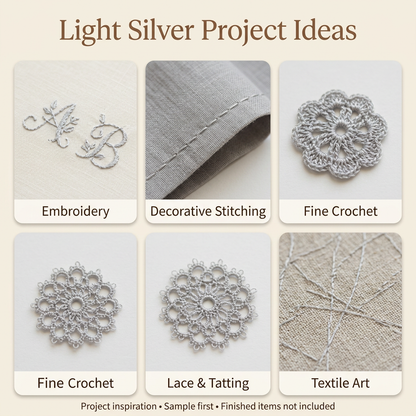 AI-generated Light Silver project inspiration: embroidery, decorative stitching, fine crochet, lace and tatting, and textile art. Sample first; finished items not included.