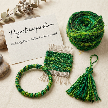 Ocean of Green sari silk woven panel, wrapped bangle and tassel project inspiration; not tested patterns, additional materials required.