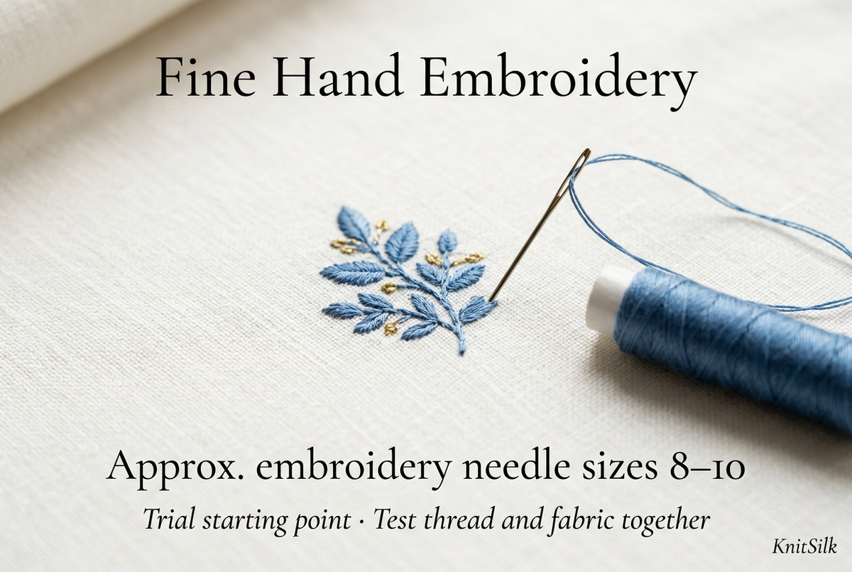 Illustrative fine hand embroidery guide, approximate embroidery needle sizes 8–10