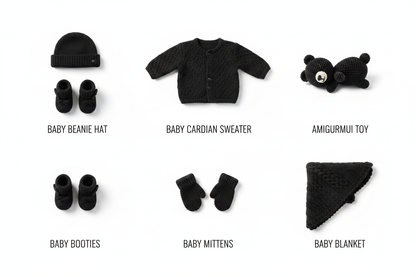 HUF BabyPlush yarn end products collage – baby hat, booties, cardigan, toy, mittens, blanket