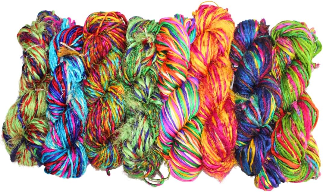 Knitsilk Kohinoor Premium Recycled Sari Silk Yarn - Unique Multicolor 100 Grams | 120+ Yards | Knit, Crochet, Weave, Crafting, Jewelry