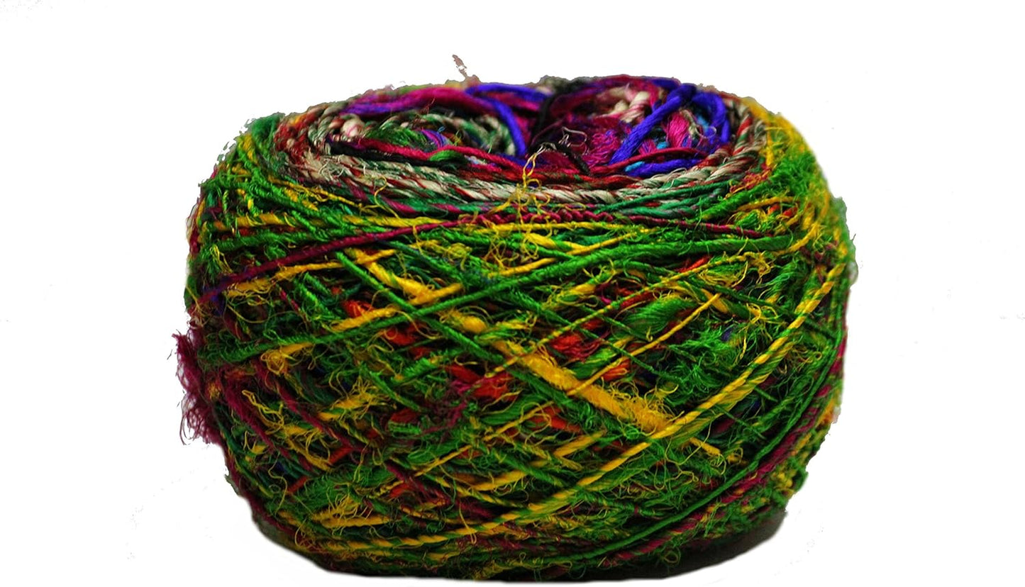 Knitsilk Kohinoor Premium Recycled Sari Silk Yarn - Unique Multicolor 100 Grams | 120+ Yards | Knit, Crochet, Weave, Crafting, Jewelry
