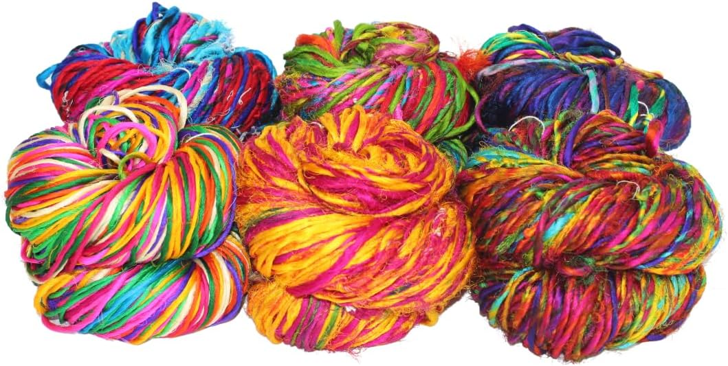 Knitsilk Kohinoor Premium Recycled Sari Silk Yarn - Unique Multicolor 100 Grams | 120+ Yards | Knit, Crochet, Weave, Crafting, Jewelry