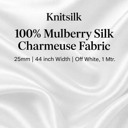 Knitsilk 100% Mulberry Silk Charmeuse Fabric 25mm, 44 inch width, off white, 1 metre