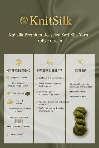 Knitsilk Premium Recycled Sari Silk Yarn Specifications Infographic