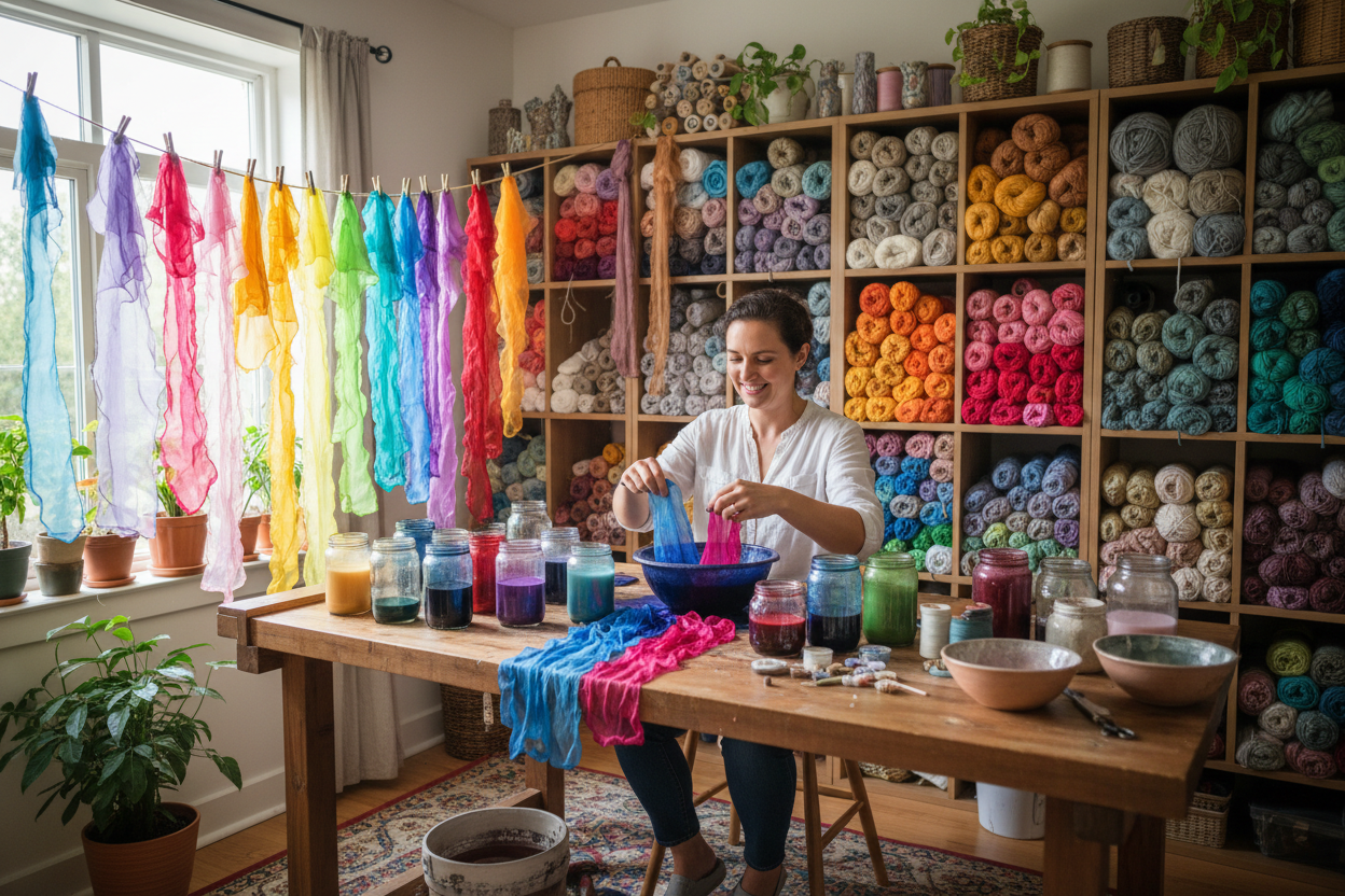 Lady dyeing ribbon at home with colorful dyes and yarn stash