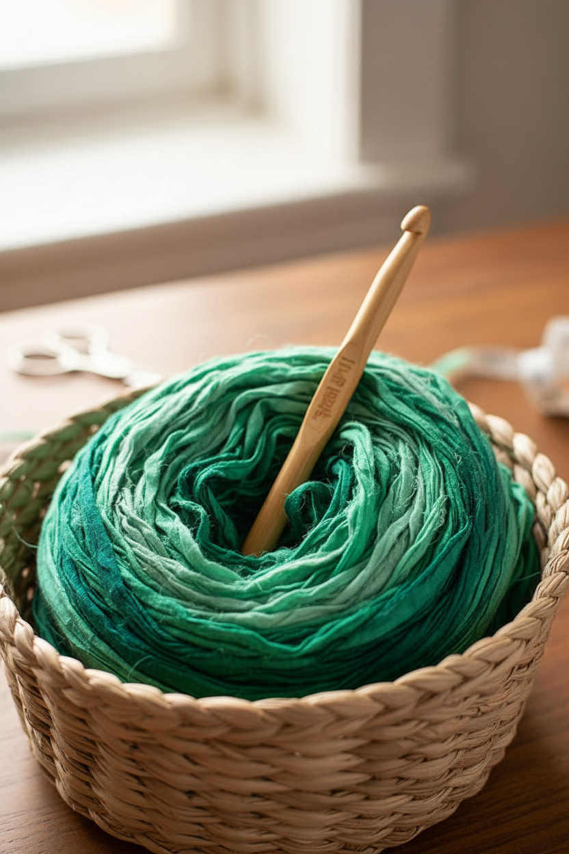 Knitsilk Recycled Sari Silk Ribbon |Best for Crochet, Knitting and Jewelry Making |50 GMS-30Yards-Green Ombre