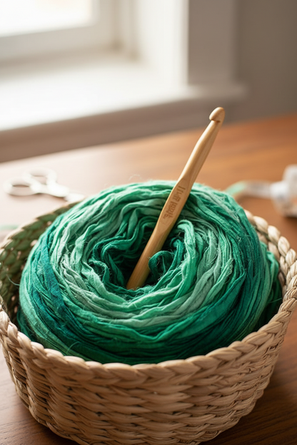 Knitsilk Recycled Sari Silk Ribbon |Best for Crochet, Knitting and Jewelry Making |50 GMS-30Yards-Green Ombre