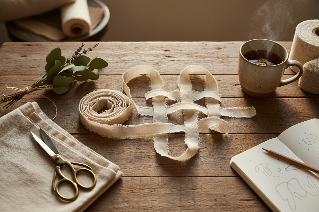 Lifestyle image with natural white sari silk ribbon