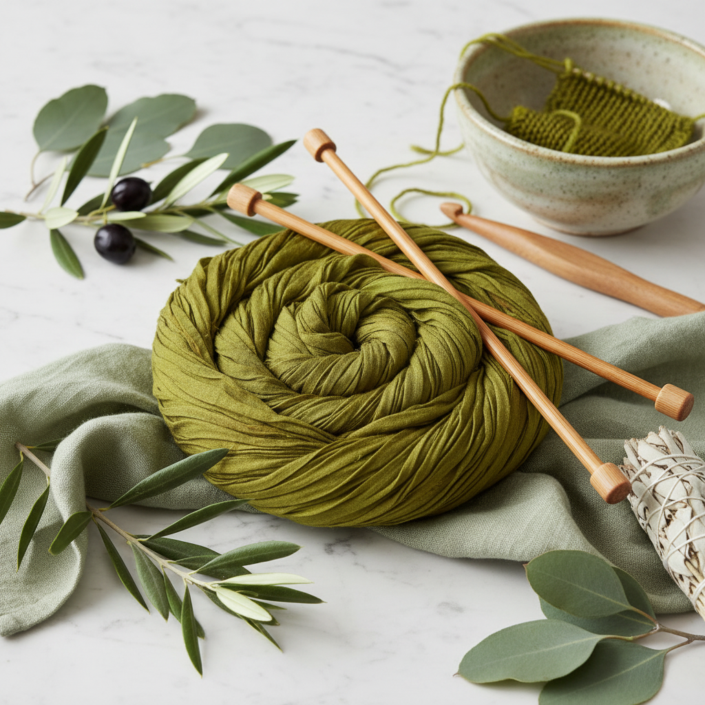 Knitsilk Super Bulky Recycled Sari Silk Ribbon Yarn | 50 GMS-25+ Yards |Olive Green