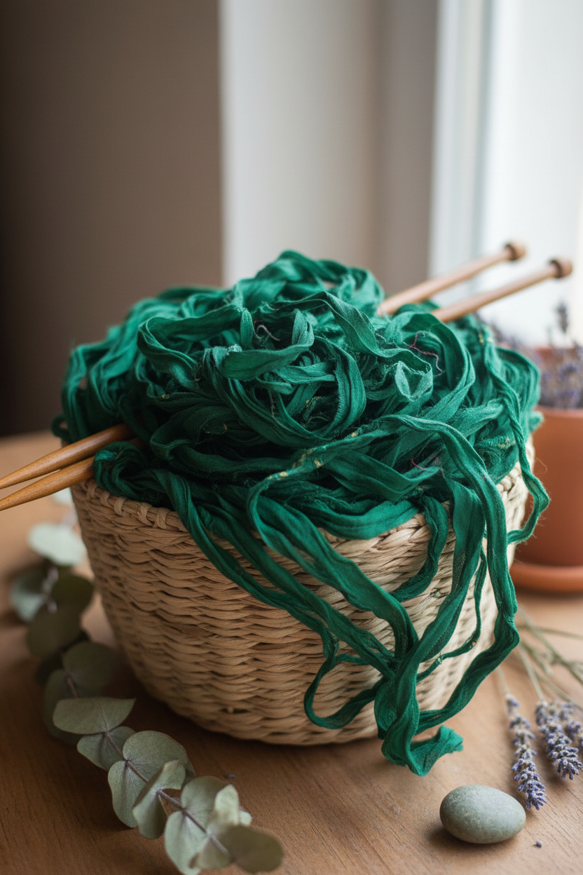 Knitsilk Super Bulky Hand Dyed Soft Sari Silk & Chiffon Ribbon Yarn, Green