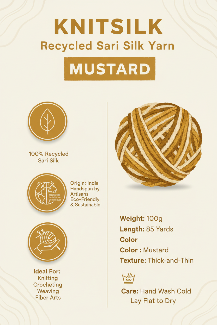 Knitsilk Recycled Sari Silk Yarn – Mustard | 85 Yards | 100g | Eco-Friendly Handspun Fiber for Knitting, Crochet & Weaving