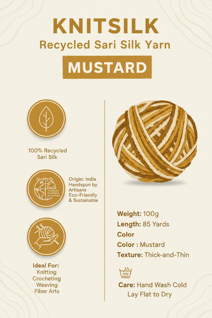 Knitsilk Recycled Sari Silk Yarn – Mustard | 85 Yards | 100g | Eco-Friendly Handspun Fiber for Knitting, Crochet & Weaving