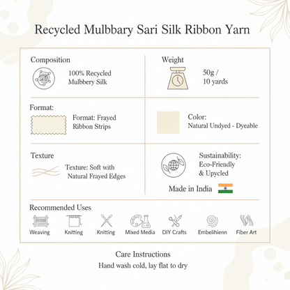 Knitsilk Recycled Mulberry Sari Silk Ribbon Yarn | 10 x 1-Yard Pieces | Natural Undyed Dyeable Frayed Strips for Knitting, Mixed Media, & DIY Crafts
