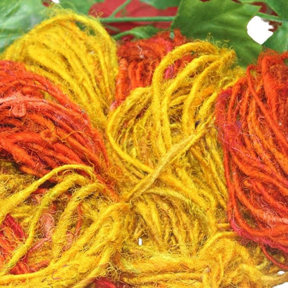 Knitsilk Handspun Recycled Sari Silk Yarn – Orange & Yellow Combo | 2 x 100g Skeins | Eco-Friendly Bulky Yarn for Knitting, Crocheting & Weaving