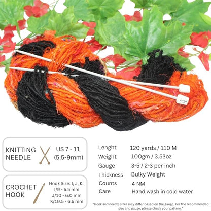 Knitsilk Handspun Recycled Sari Silk Yarn – Orange & Black Combo | 2 x 100g Skeins | Eco-Friendly Bulky Yarn for Knitting, Crocheting & Weaving