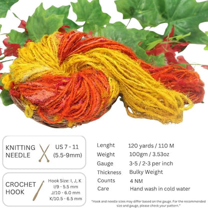 Knitsilk Handspun Recycled Sari Silk Yarn – Orange & Yellow Combo | 2 x 100g Skeins | Eco-Friendly Bulky Yarn for Knitting, Crocheting & Weaving