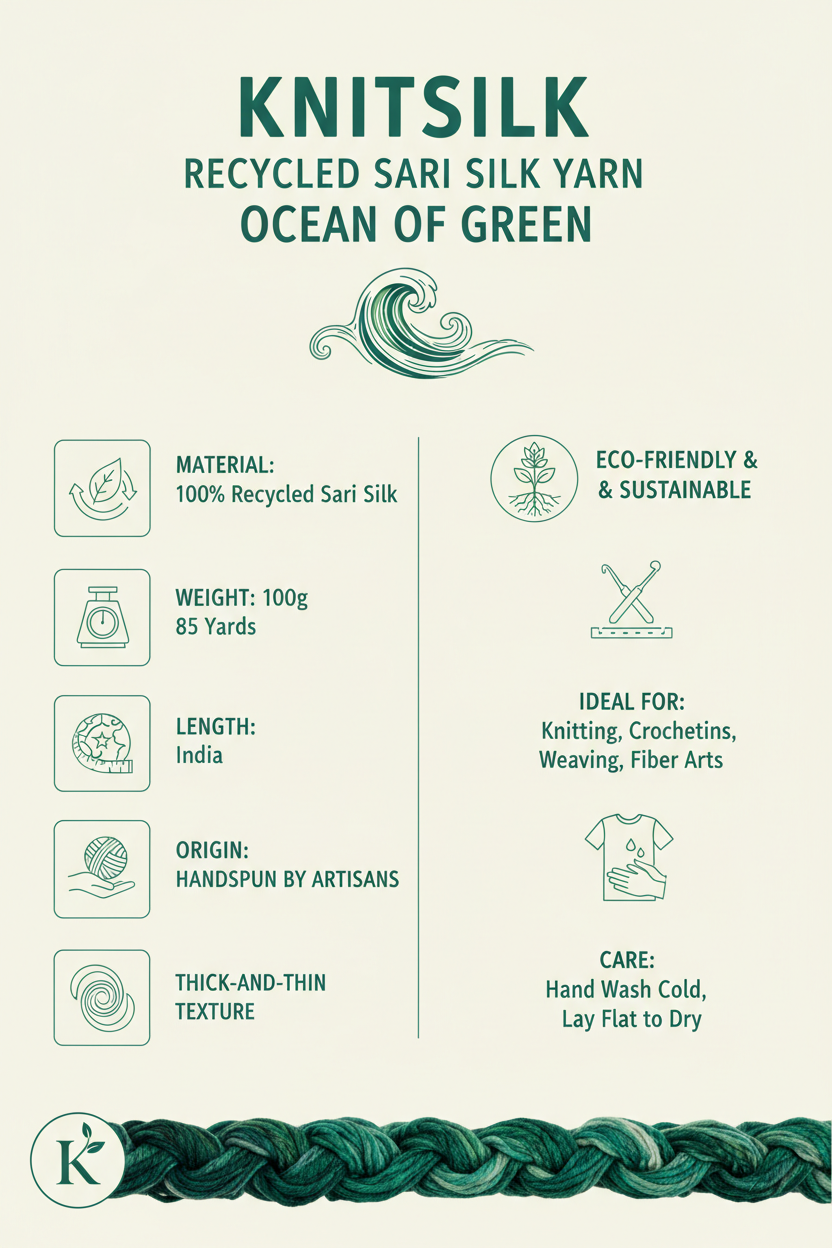 Knitsilk Recycled Sari Silk Yarn – Ocean of Green Colour | 85 Yards | 100g | Eco-Friendly Handspun Fiber for Knitting, Crochet & Weaving