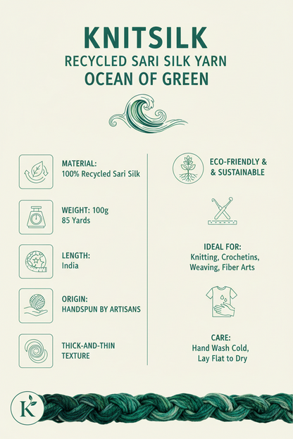 Knitsilk Recycled Sari Silk Yarn – Ocean of Green Colour | 85 Yards | 100g | Eco-Friendly Handspun Fiber for Knitting, Crochet & Weaving