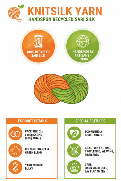 Knitsilk Handspun Recycled Sari Silk Yarn – Orange & Green Combo | 2 x 100g Skeins | Eco-Friendly Bulky Yarn for Knitting, Crocheting & Weaving