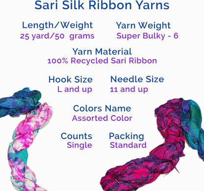 Knitsilk Assorted Sari Silk Ribbon Yarn Pack of 3 | Recycled Silk Ribbons for Knitting, Crochet, and Jewelry Making | Soft and Sustainable ( 25 yards,100 gm)