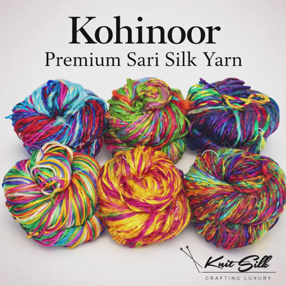 Knitsilk Kohinoor Premium Recycled Sari Silk Yarn - Unique Multicolor 100 Grams | 120+ Yards | Knit, Crochet, Weave, Crafting, Jewelry