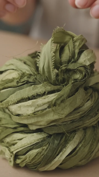 Knitsilk Recycled Sari Silk Olive Ombre Ribbon | 50 GMS-30Yards |