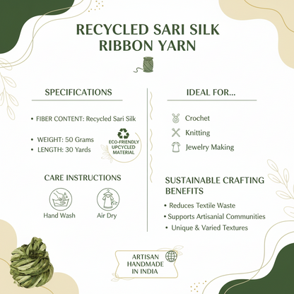 Knitsilk Recycled Sari Silk Ribbon |Best for Crochet, Knitting and Jewelry Making |50 GMS-30Yards-Olive Ombre